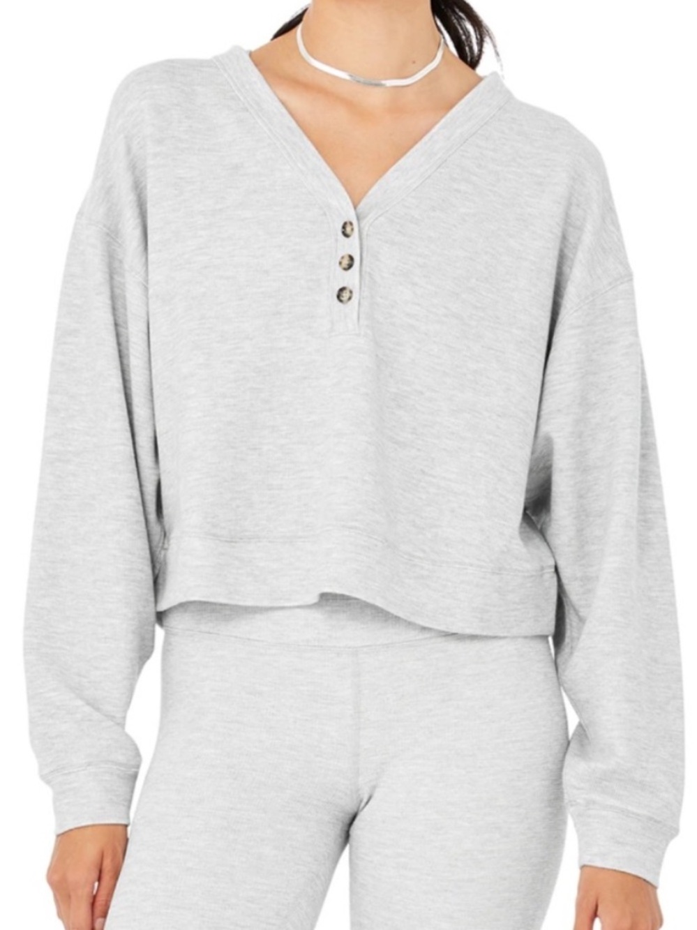 Alo Yoga Micro Waffle Pleasant Cropped Henley - gray size large